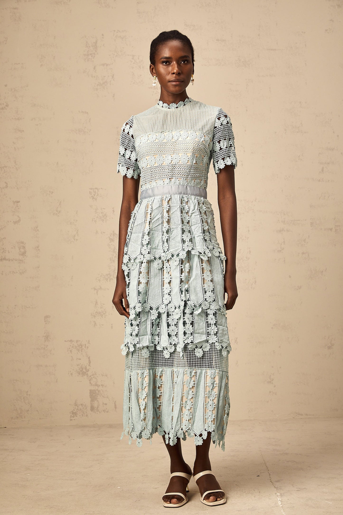 Océane green floral embroidered midi dress