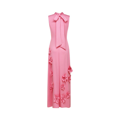 Magali Pink Sleeveless Maxi Dress with Faux Flower & Bow-Tie Embellishment