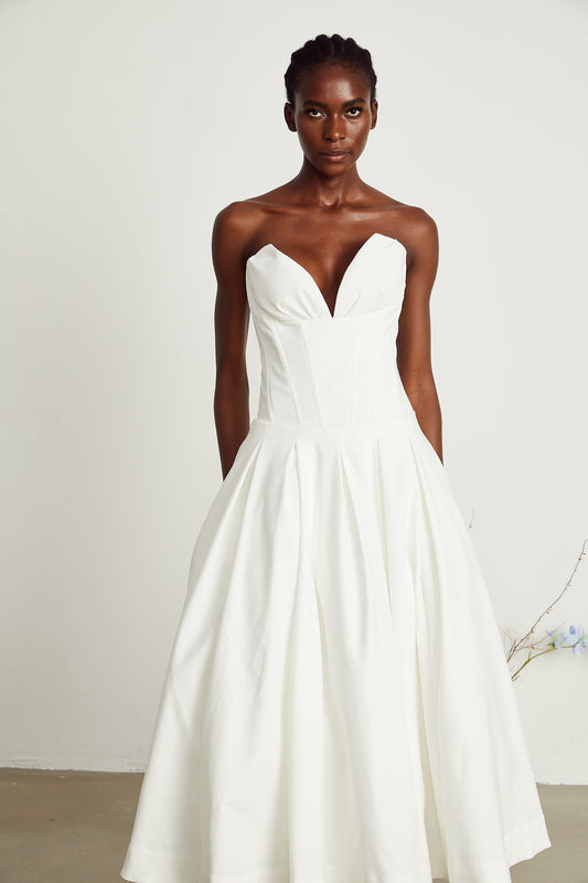 Katherine White Off-Shoulder Corset Midi Dress