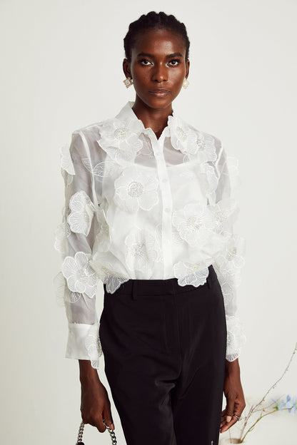 Béatrix white embellished semi-sheer shirt