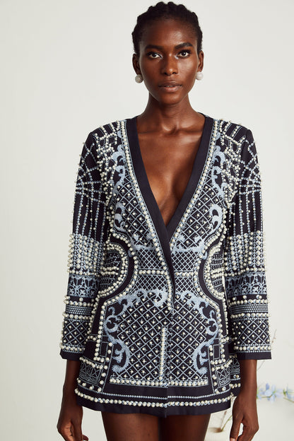 Catherine pattern-print V-neck blazer dress