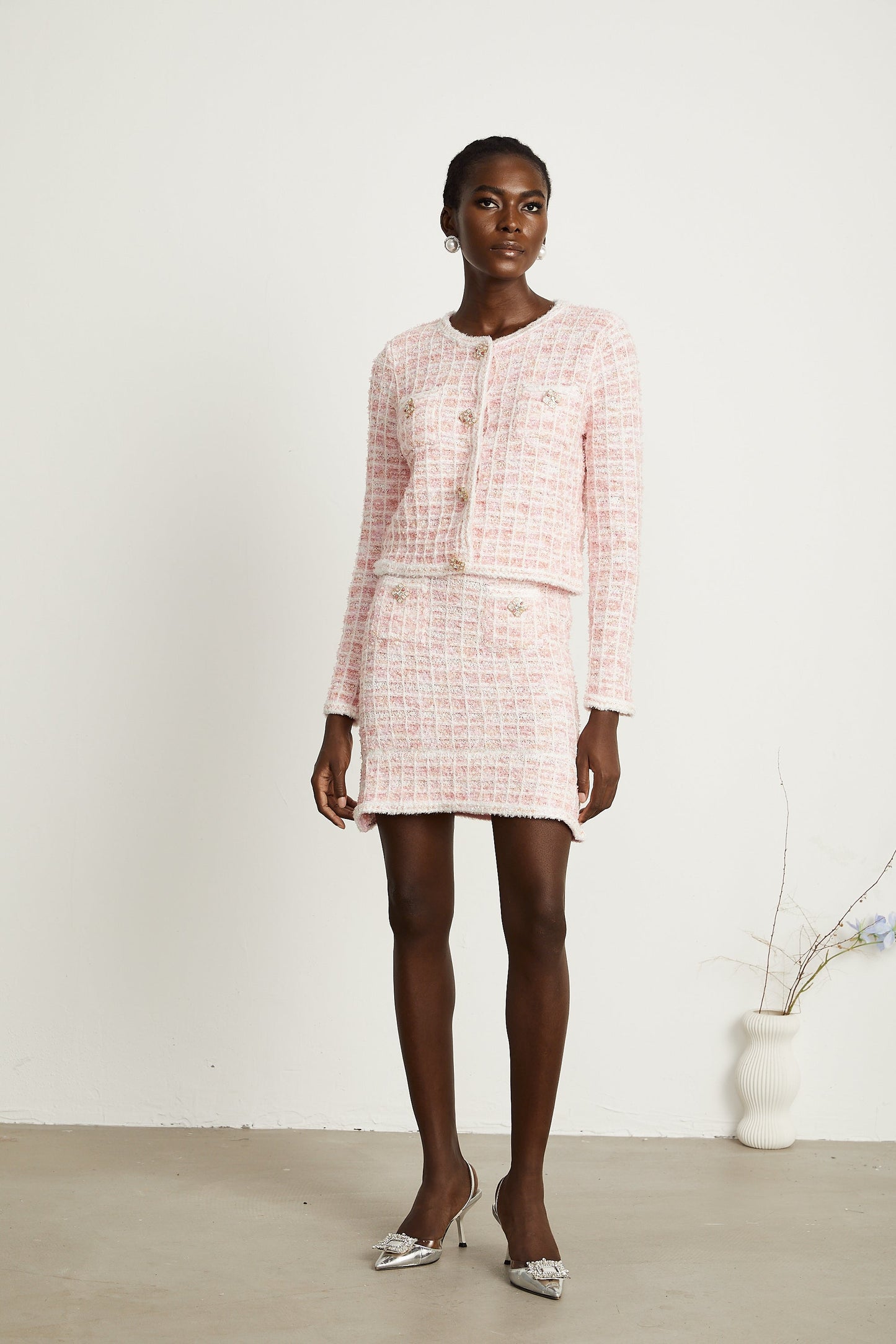 Capucine pink check-pattern cardigan & skirt matching set