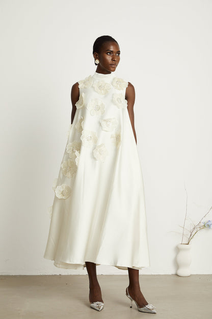 Émilie sleeveless floral-applique midi dress in White