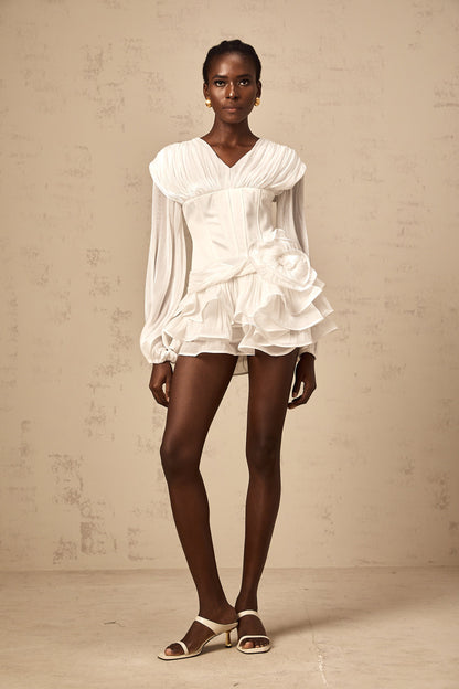 Rosier fully-pleated cinched mini dress in White