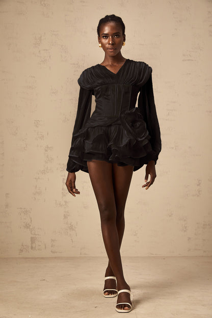 Rosier Black Fully Pleated Cinched Mini Dress