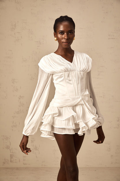 Rosier fully-pleated cinched mini dress in White