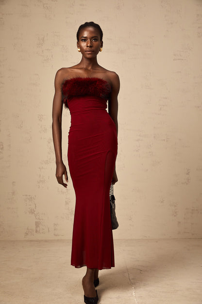 Pauline red faux-fur off-shoulder mesh midi dress