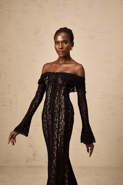 Émeline floral lace flared-cuff midi dress in Black