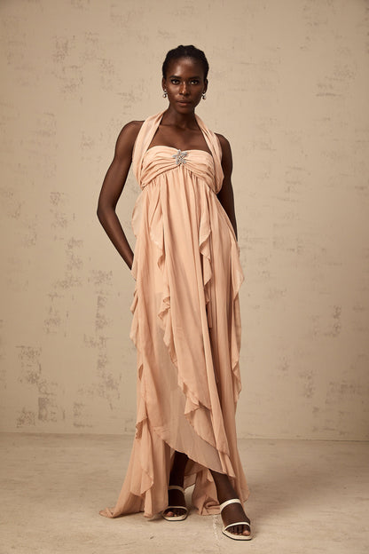 Mariah Pink Chiffon Ruffle Halterneck Maxi Dress