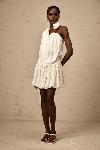 Maeva white halterneck floral-appliqué top