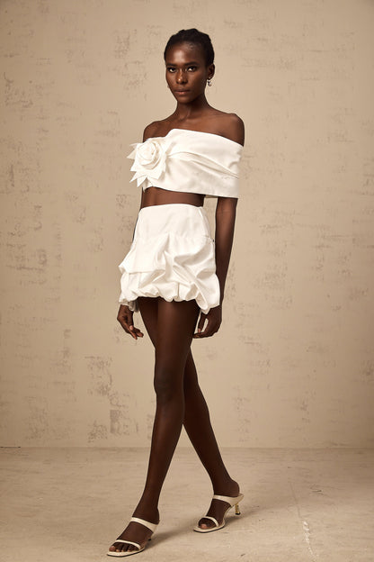 Honorine white floral pleated top & skirt matching set