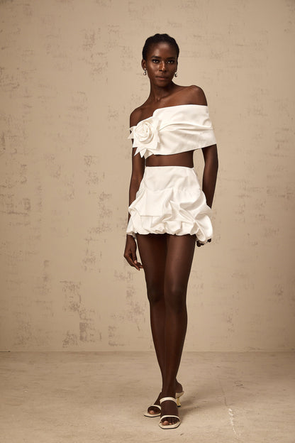 Honorine white floral pleated top & skirt matching set