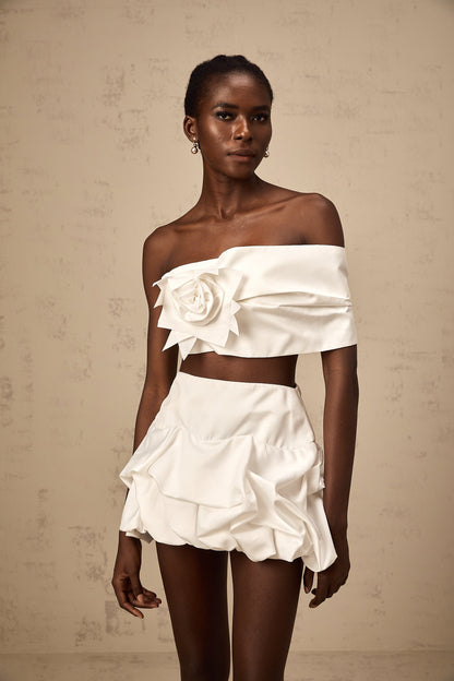 Honorine white floral pleated top & skirt matching set