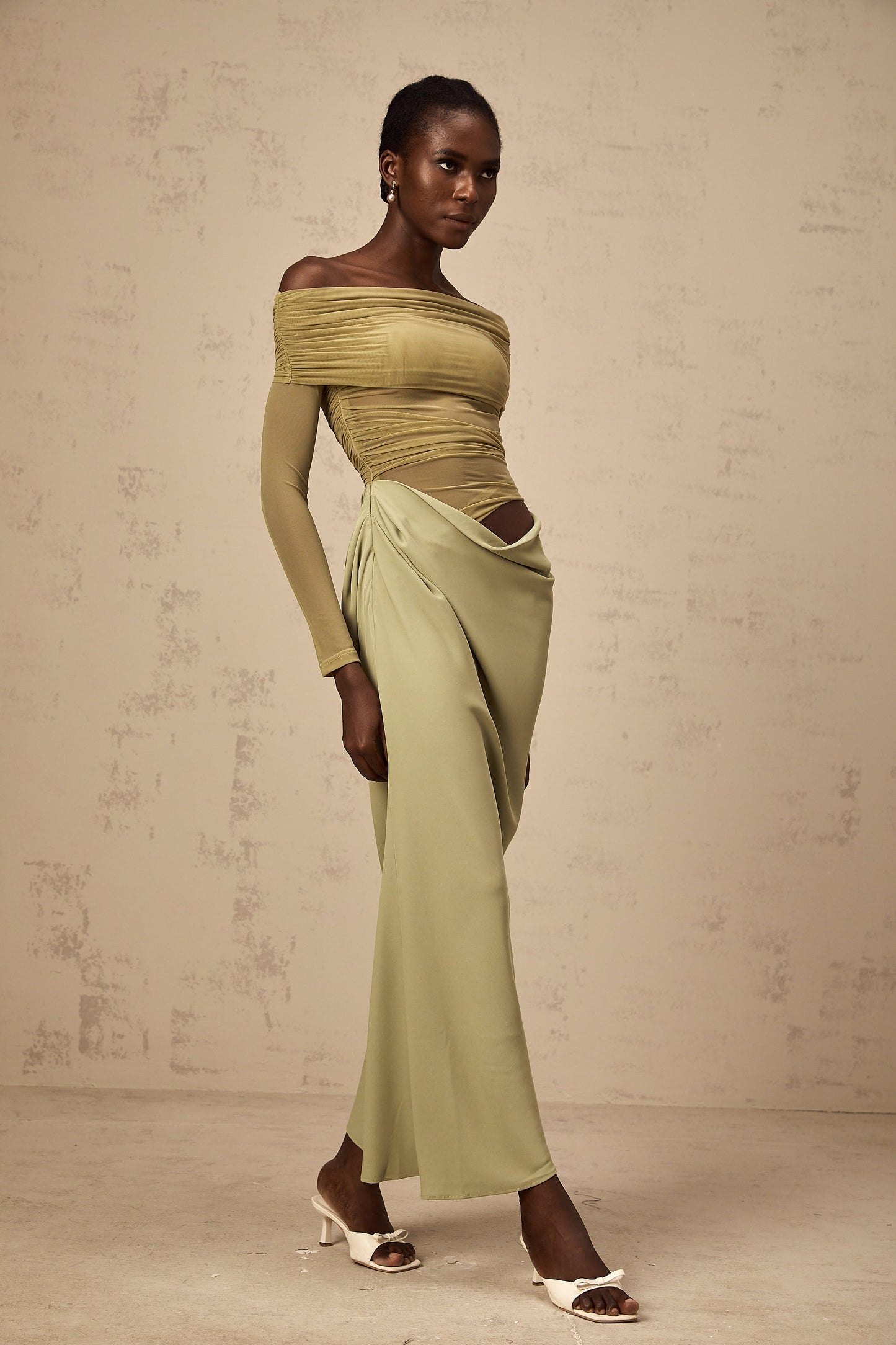 Estelle off-shoulder semi-sheer midi dress in Green