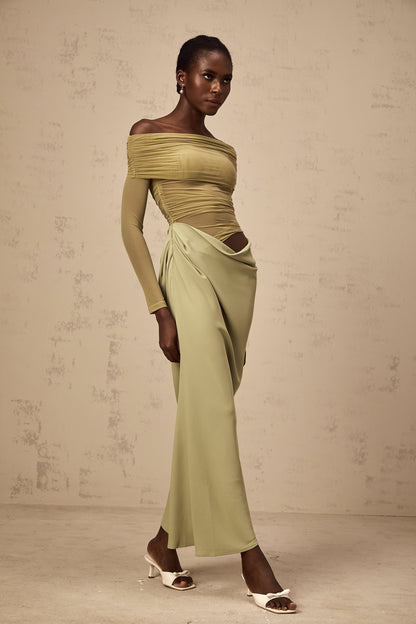 Estelle off-shoulder semi-sheer midi dress in Green