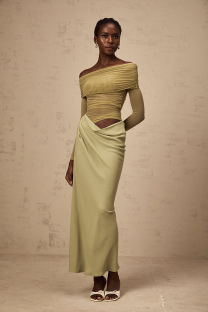 Estelle off-shoulder semi-sheer midi dress in Green