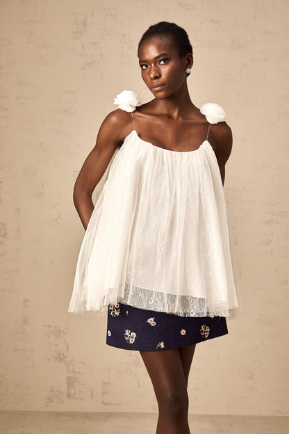 Katia white flower-appliqué mesh top