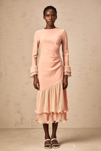 Fleurida ruffled-trim panelled midi dress in Pink