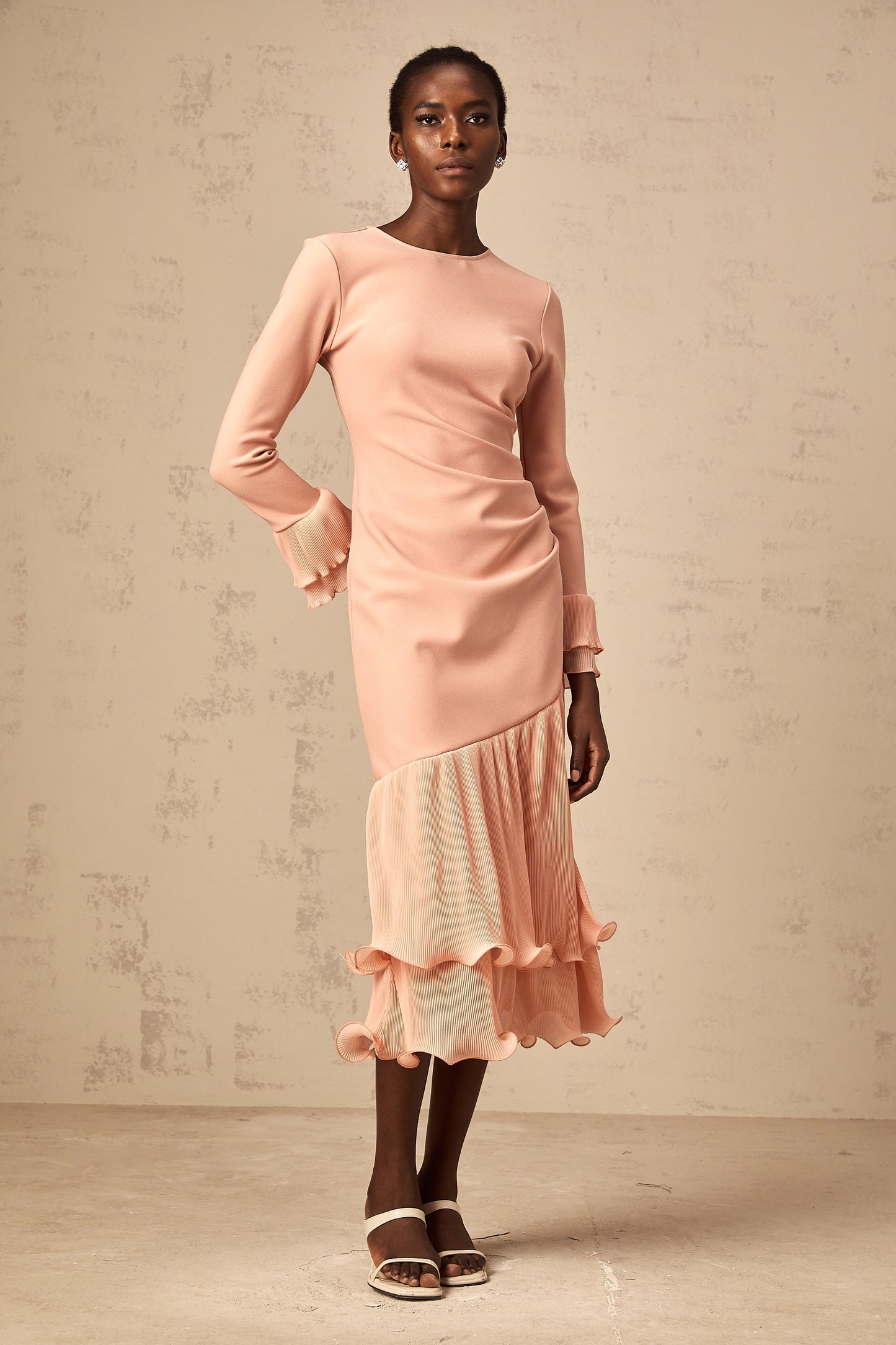 Fleurida ruffled-trim panelled midi dress in Pink