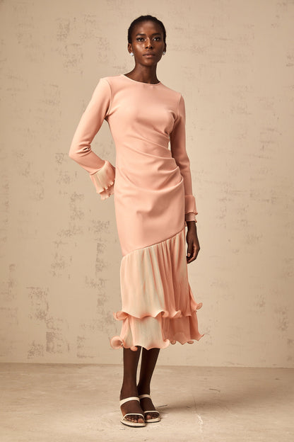 Fleurida ruffled-trim panelled midi dress in Pink