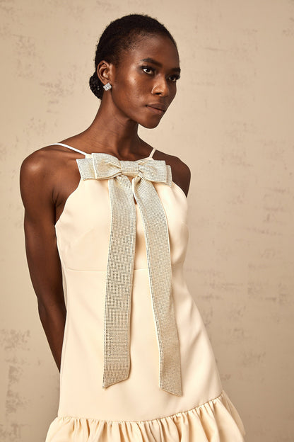Hannah neutrals bow rhinestone mini dress