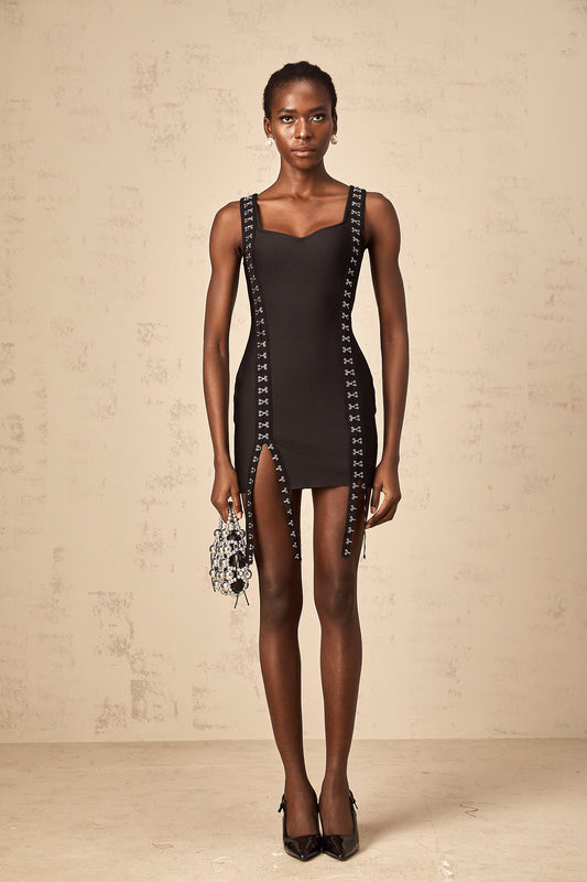 Irina black hook-and-eye bandage mini dress