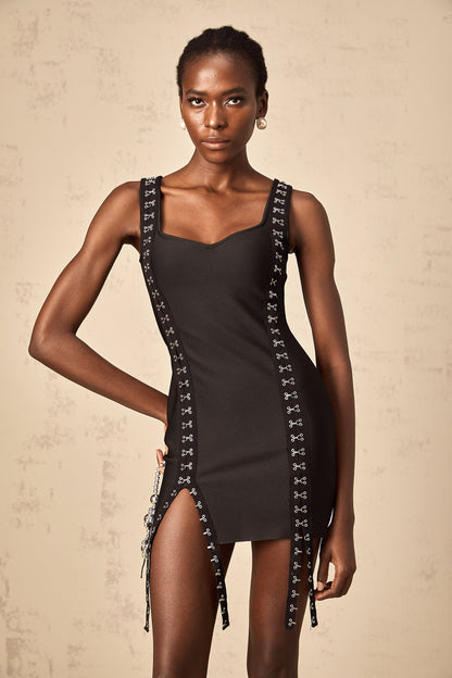 Irina black hook-and-eye bandage mini dress