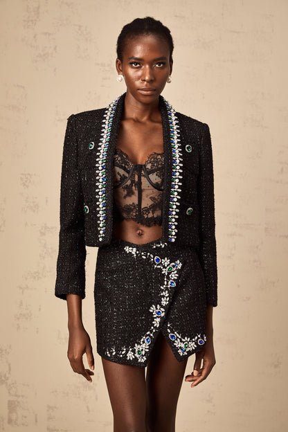 Delphine black crystal tweed jacket & skirt matching set