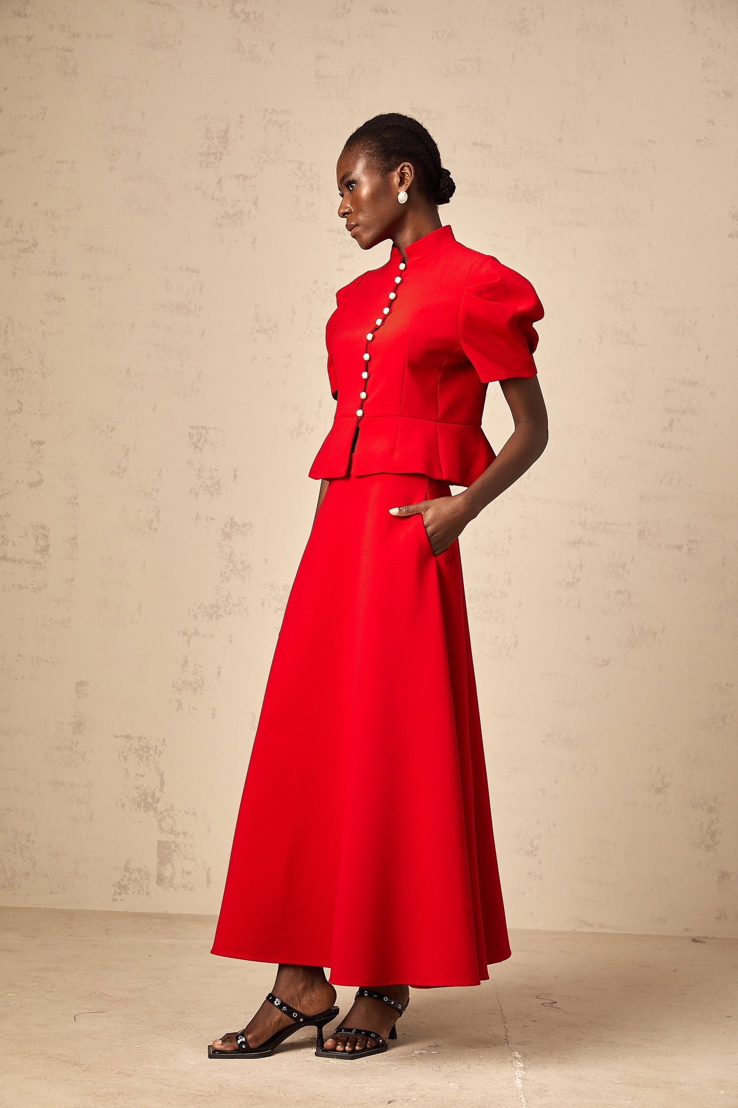 Colette red pleated blouse & skirt matching set