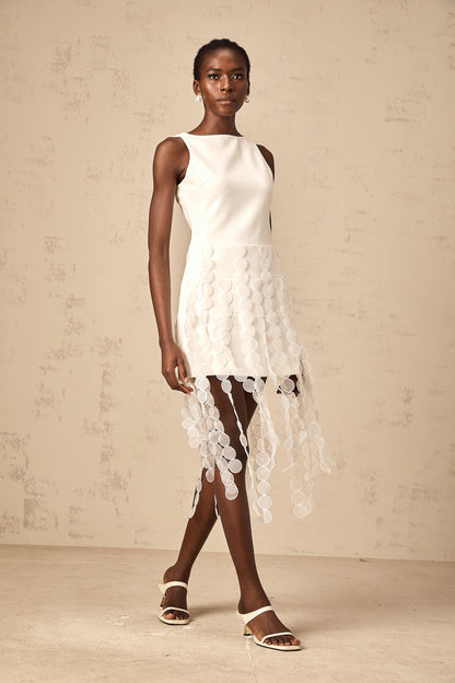 Justine white disc-design fringed midi dress