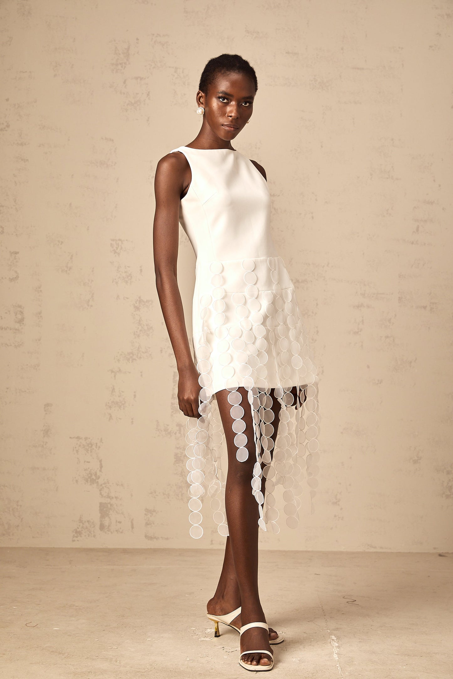 Justine white disc-design fringed midi dress
