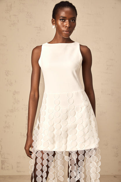 Justine white disc-design fringed midi dress