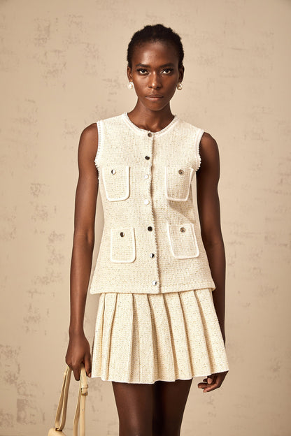 Hélène beige sequined knit vest top & skirt matching set