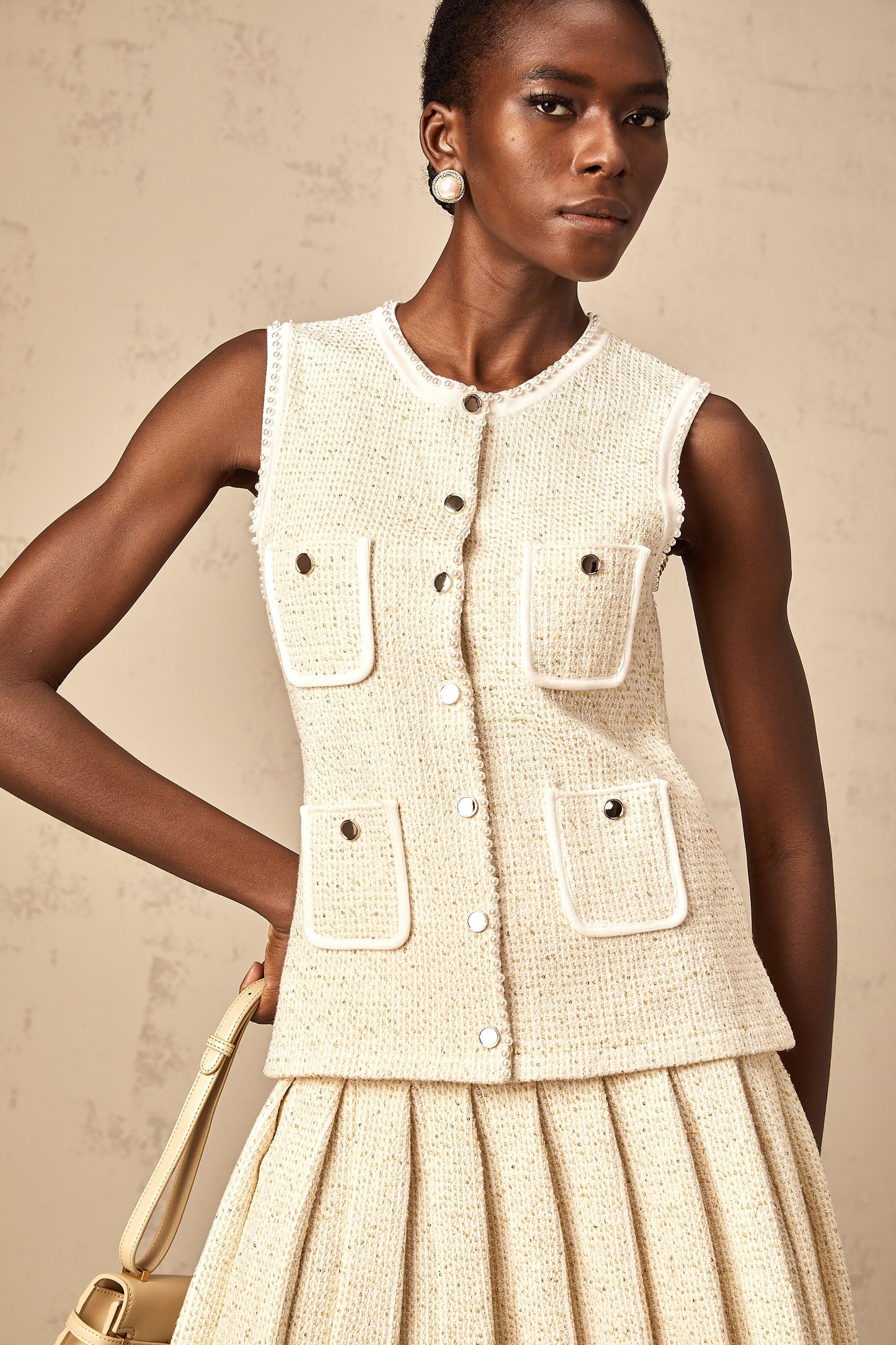 Hélène beige sequined knit vest top & skirt matching set