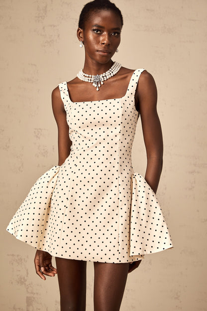 Geneviève neutrals polka-dot puff mini dress