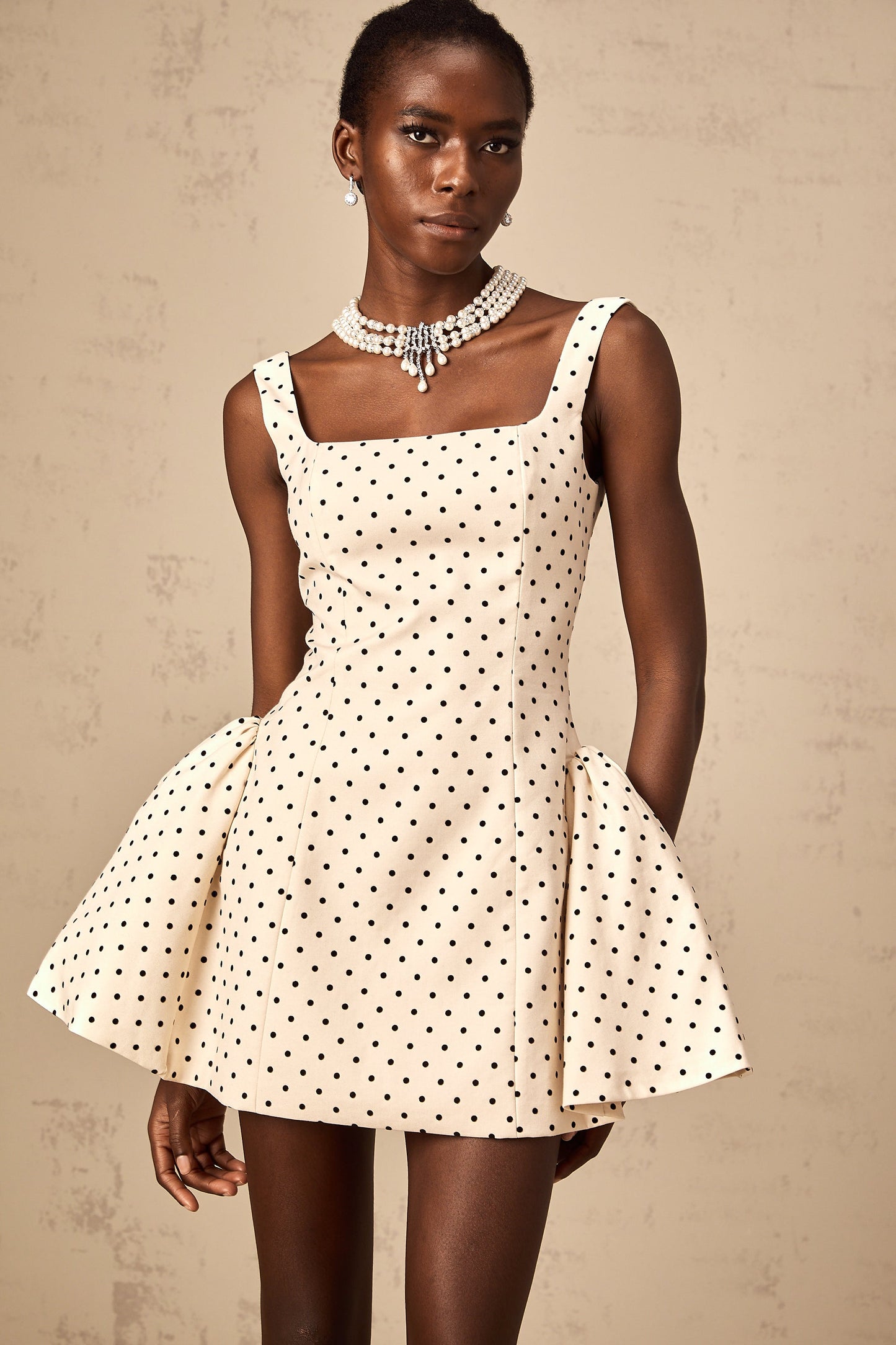 Geneviève neutrals polka-dot puff mini dress