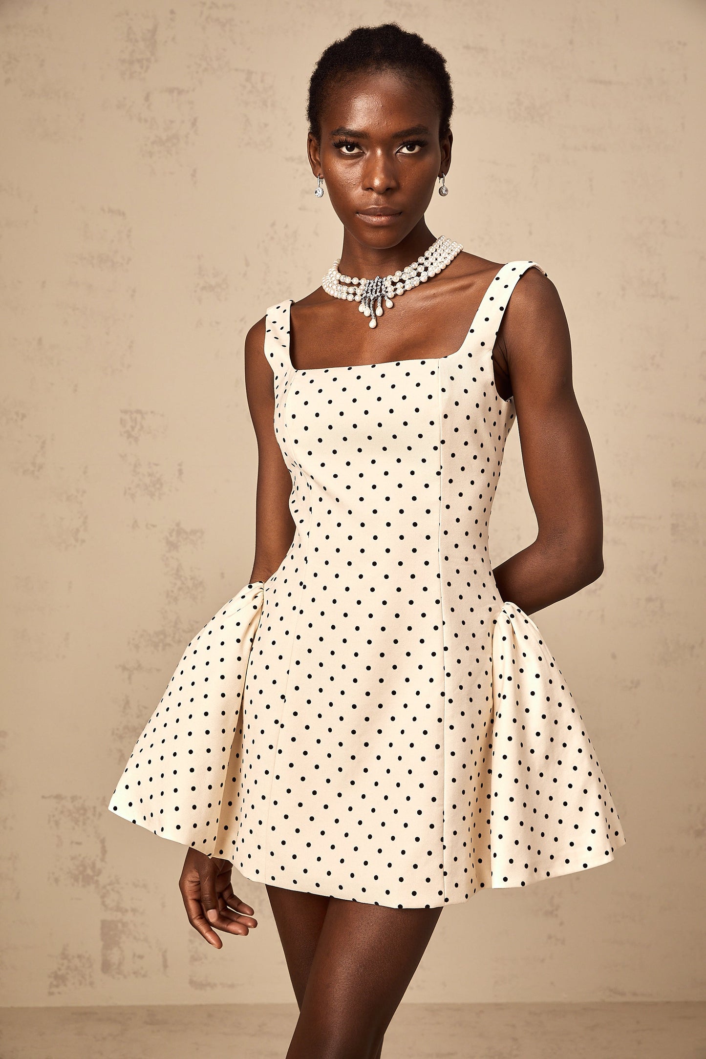 Geneviève neutrals polka-dot puff mini dress