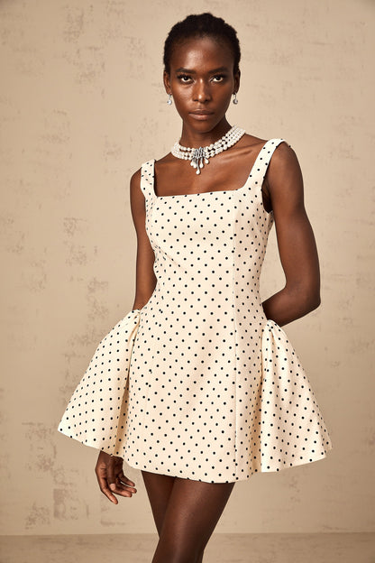 Geneviève neutrals polka-dot puff mini dress