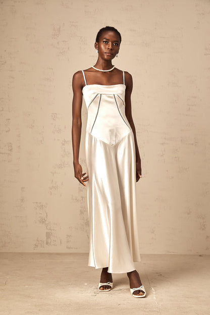 Claudia white flared satin maxi dress