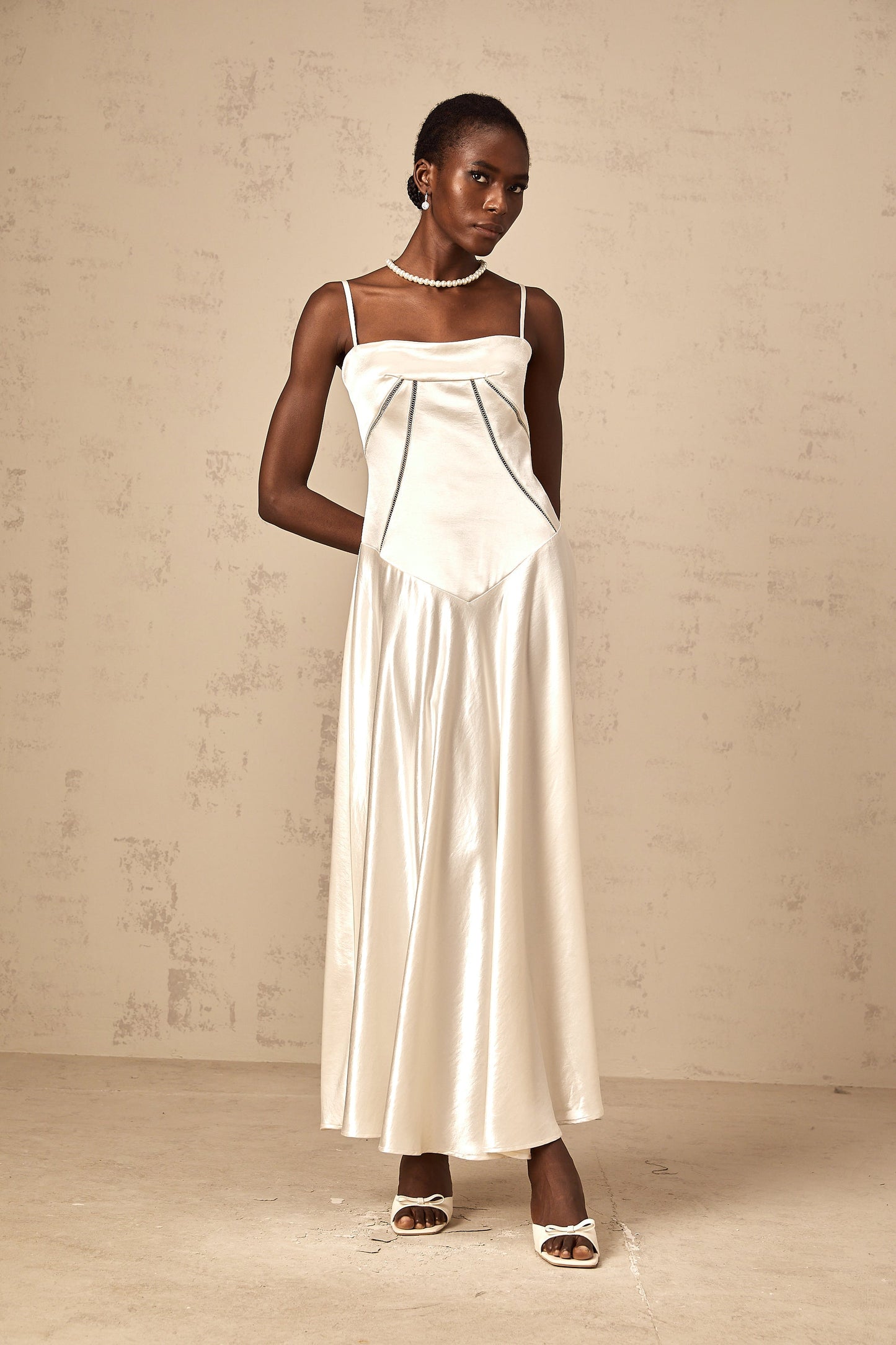 Claudia white flared satin maxi dress