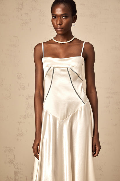 Claudia white flared satin maxi dress