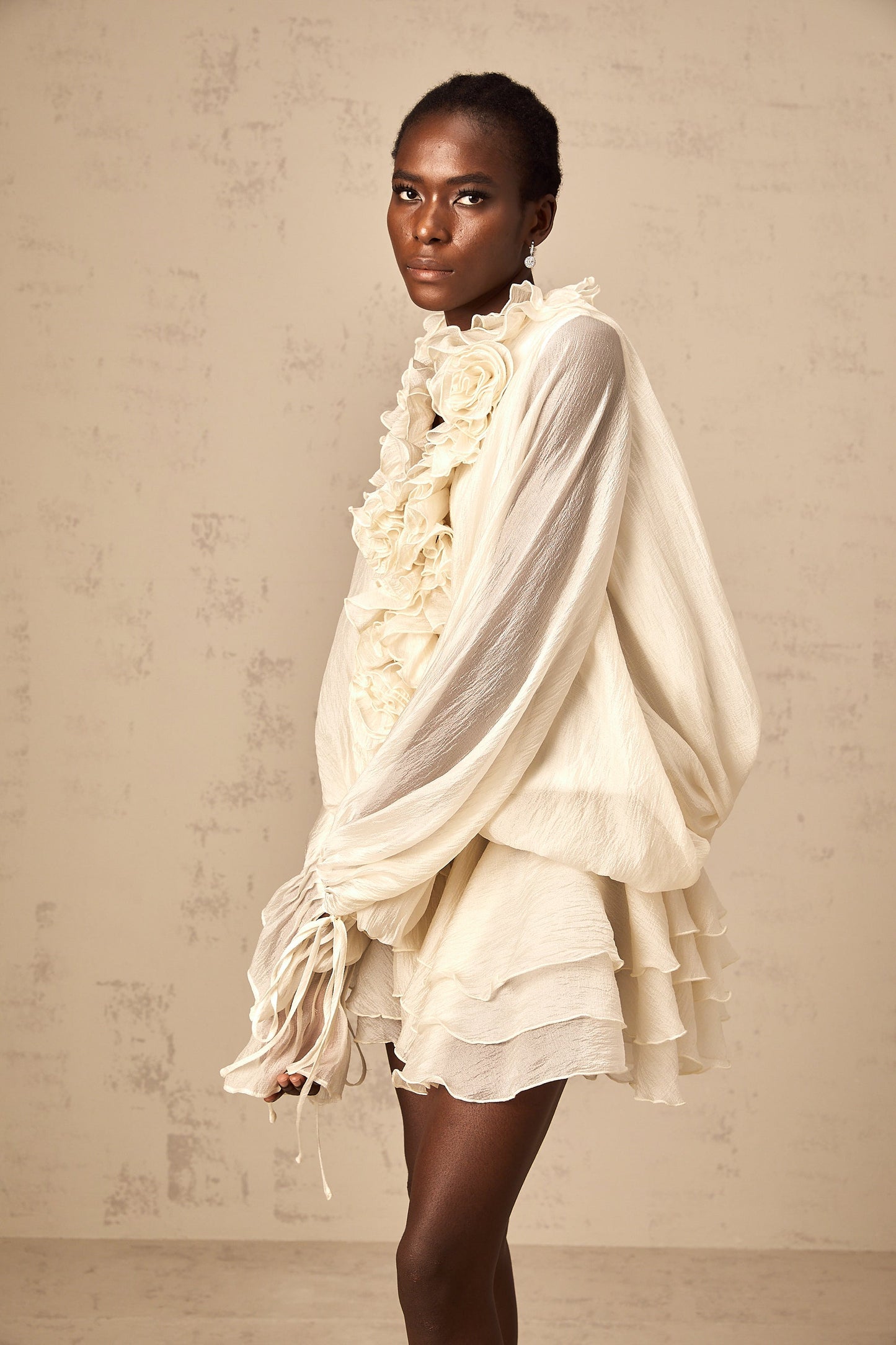 Zéphyrine floral-appliqué tiered mini dress in Neutrals
