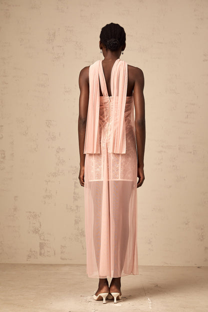 Monique ribbon-design pleated tulle maxi dress in Pink
