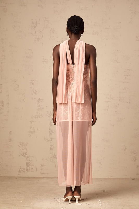 Monique ribbon-design pleated tulle maxi dress in Pink