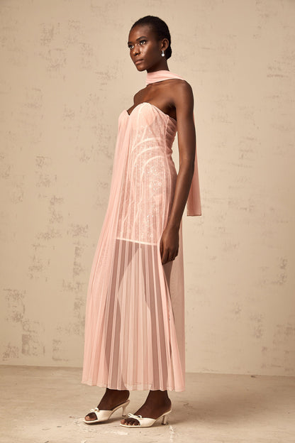 Monique ribbon-design pleated tulle maxi dress in Pink