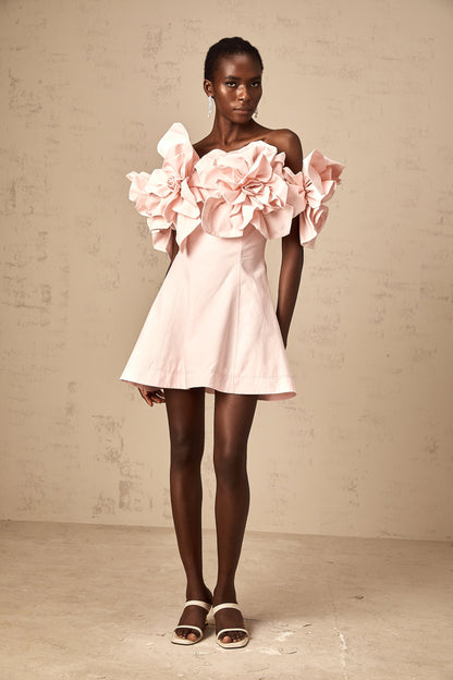 Juliette pink off-shoulder 3D-petal mini dress