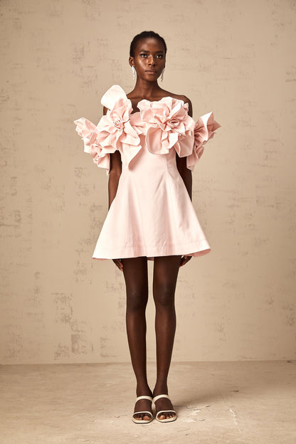 Juliette pink off-shoulder 3D-petal mini dress