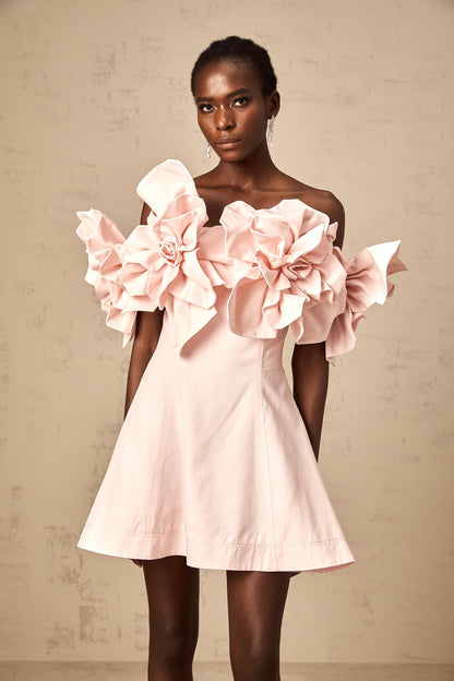 Juliette pink off-shoulder 3D-petal mini dress