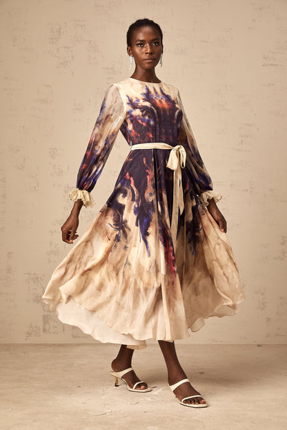 Urbaine smudged graffiti-print silk midi dress