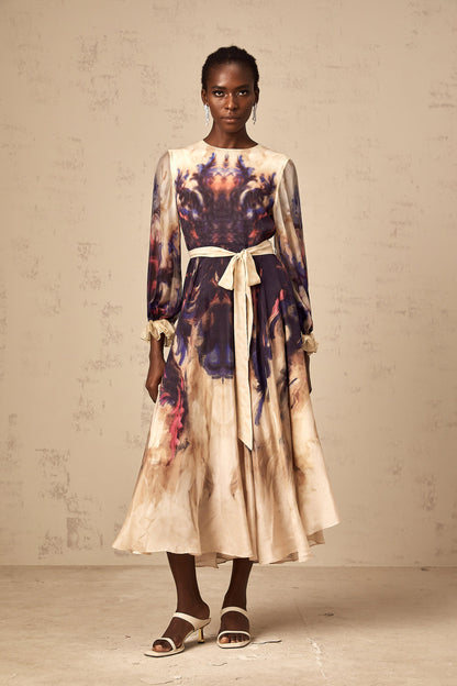 Urbaine smudged graffiti-print silk midi dress